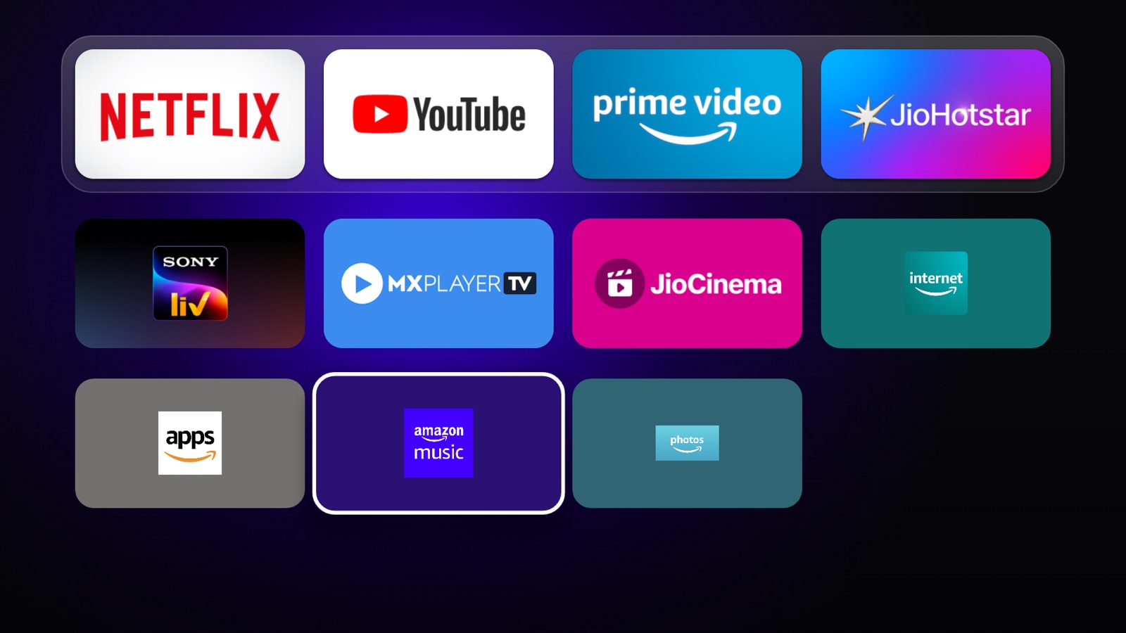 Full app grid with the glass dock at the top and more apps in rows below.