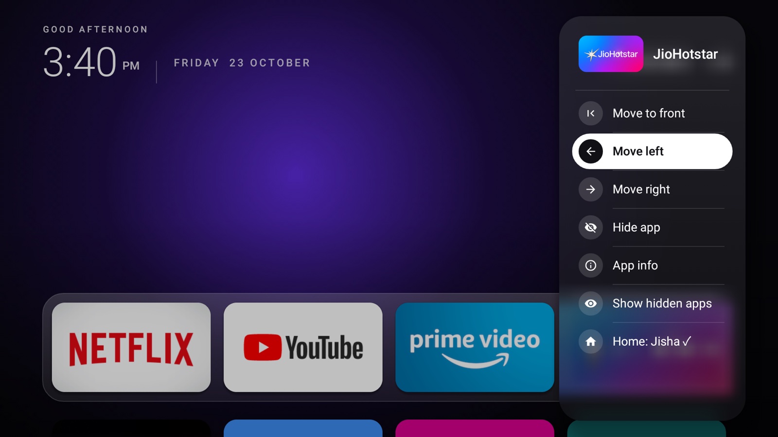 Options menu for JioHotstar with Move to front, Move left, Move right, Hide app and App info.