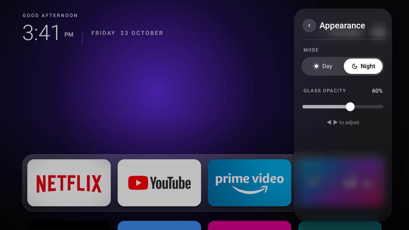 Appearance panel with a Day and Night switch and a glass opacity slider.