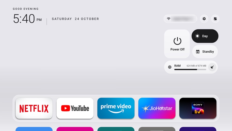 Control Center in Day mode with Power Off, Day, Standby and RAM tiles under the top buttons.