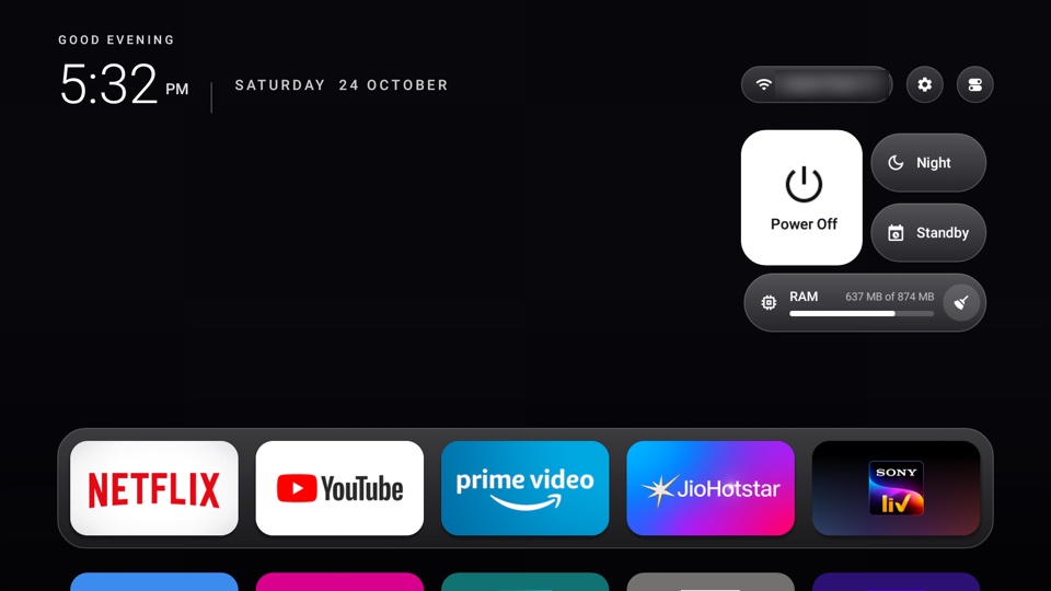 Control Center in Night mode with Power Off, Night, Standby and RAM tiles under the top buttons.