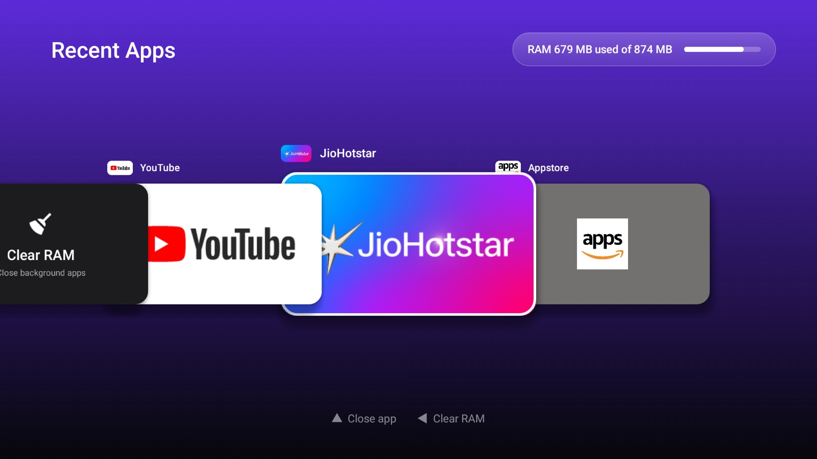 Recent Apps screen with RAM usage at the top right and app cards for YouTube, JioHotstar and Appstore stacked in a row.
