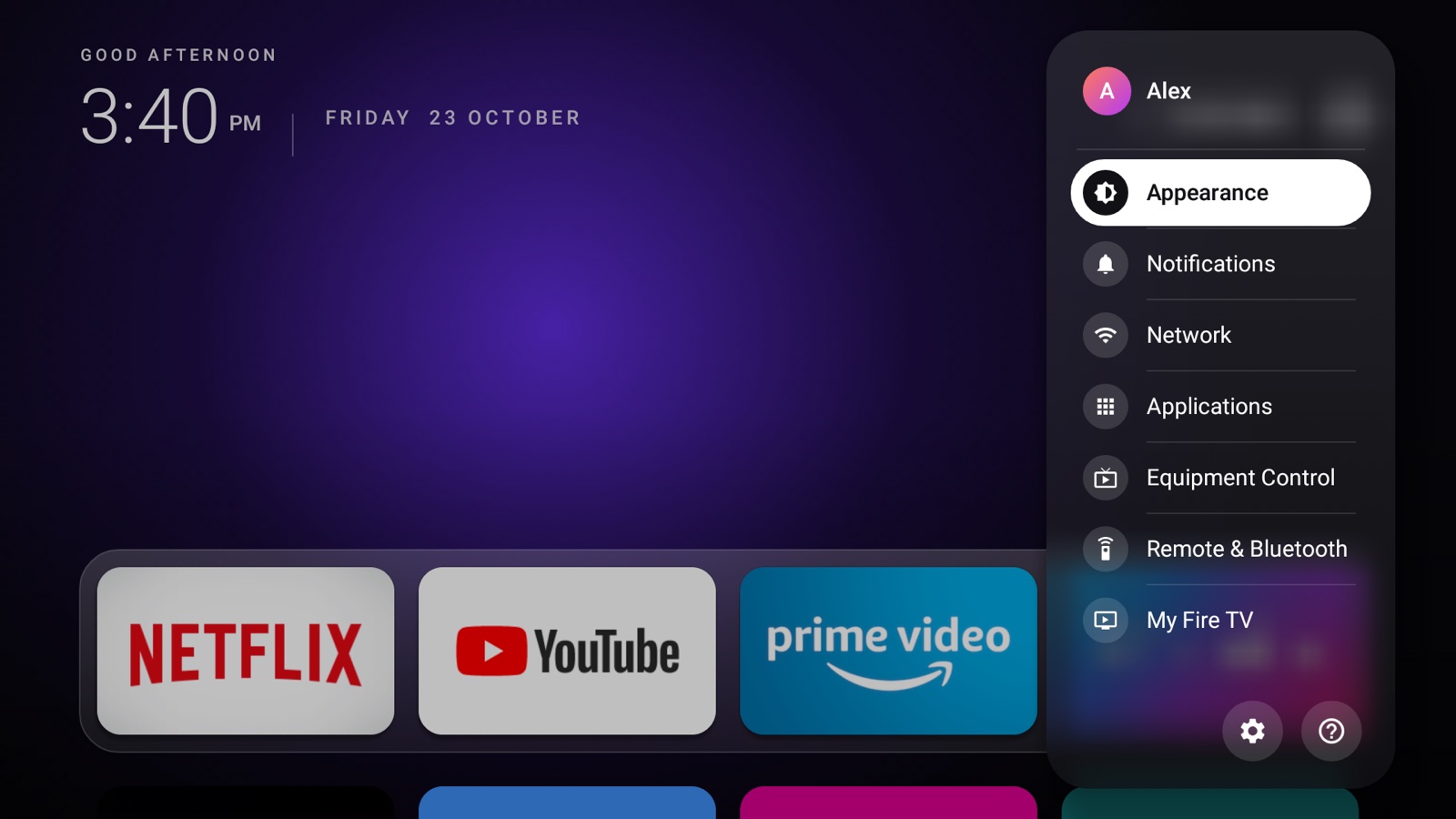 Glass settings menu on the right with a profile, Appearance, Notifications, Network and other items.
