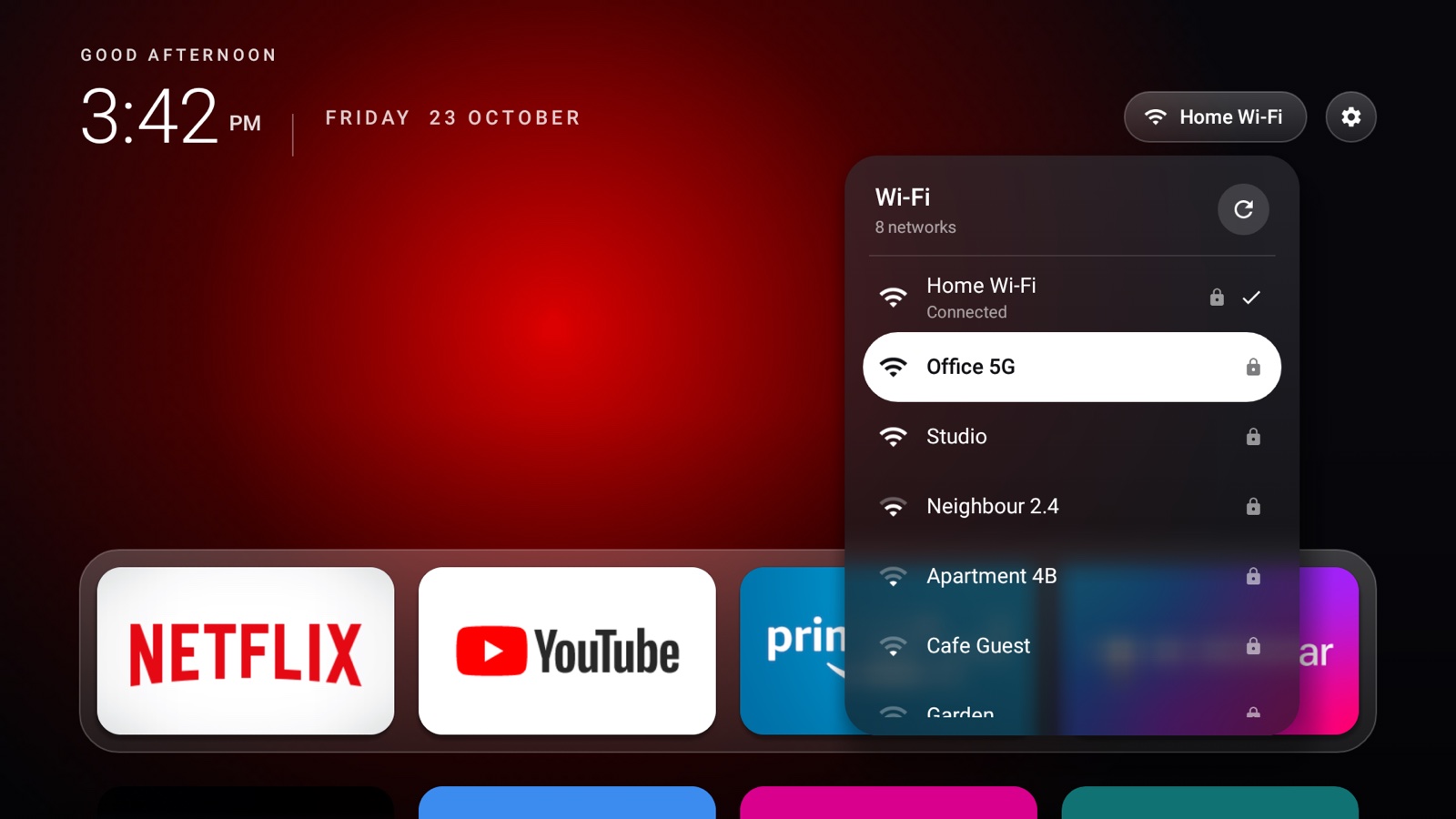 Wi-Fi dropdown listing nearby networks with signal strength and a refresh button.